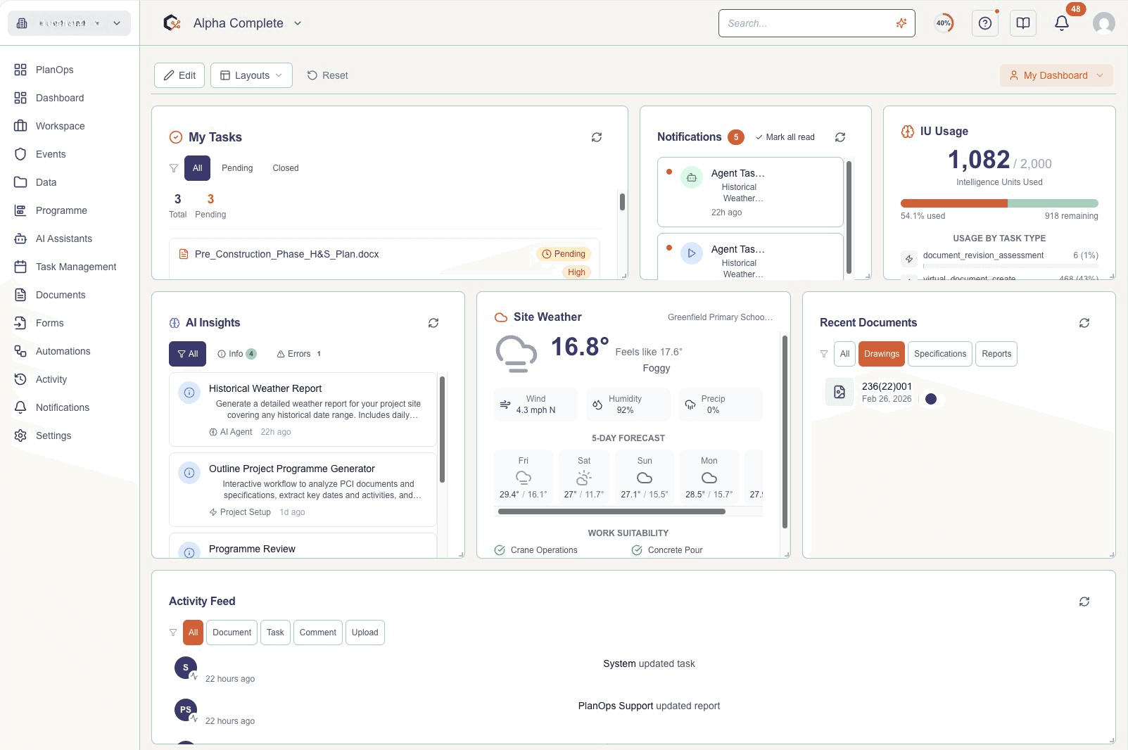 PlanOps Dashboard - Project management interface showing tasks, documents, and AI insights