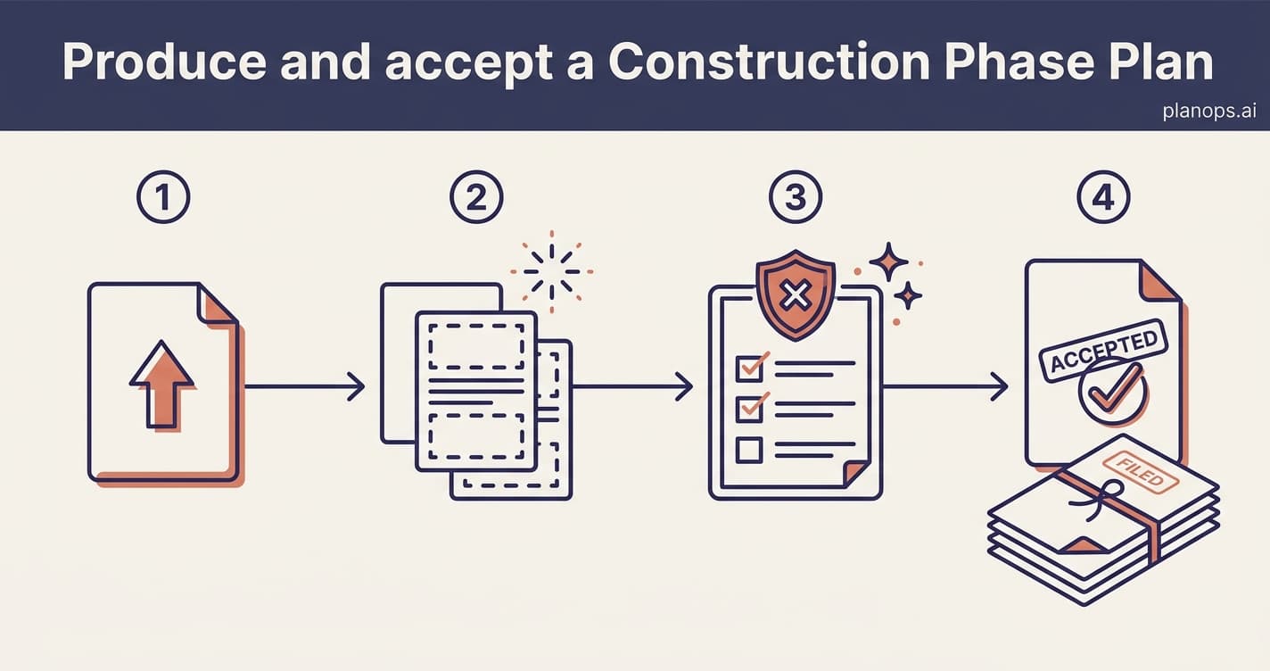 A deep-indigo workflow banner above four steps, from uploading pre-construction information to an accepted Construction Phase Plan.