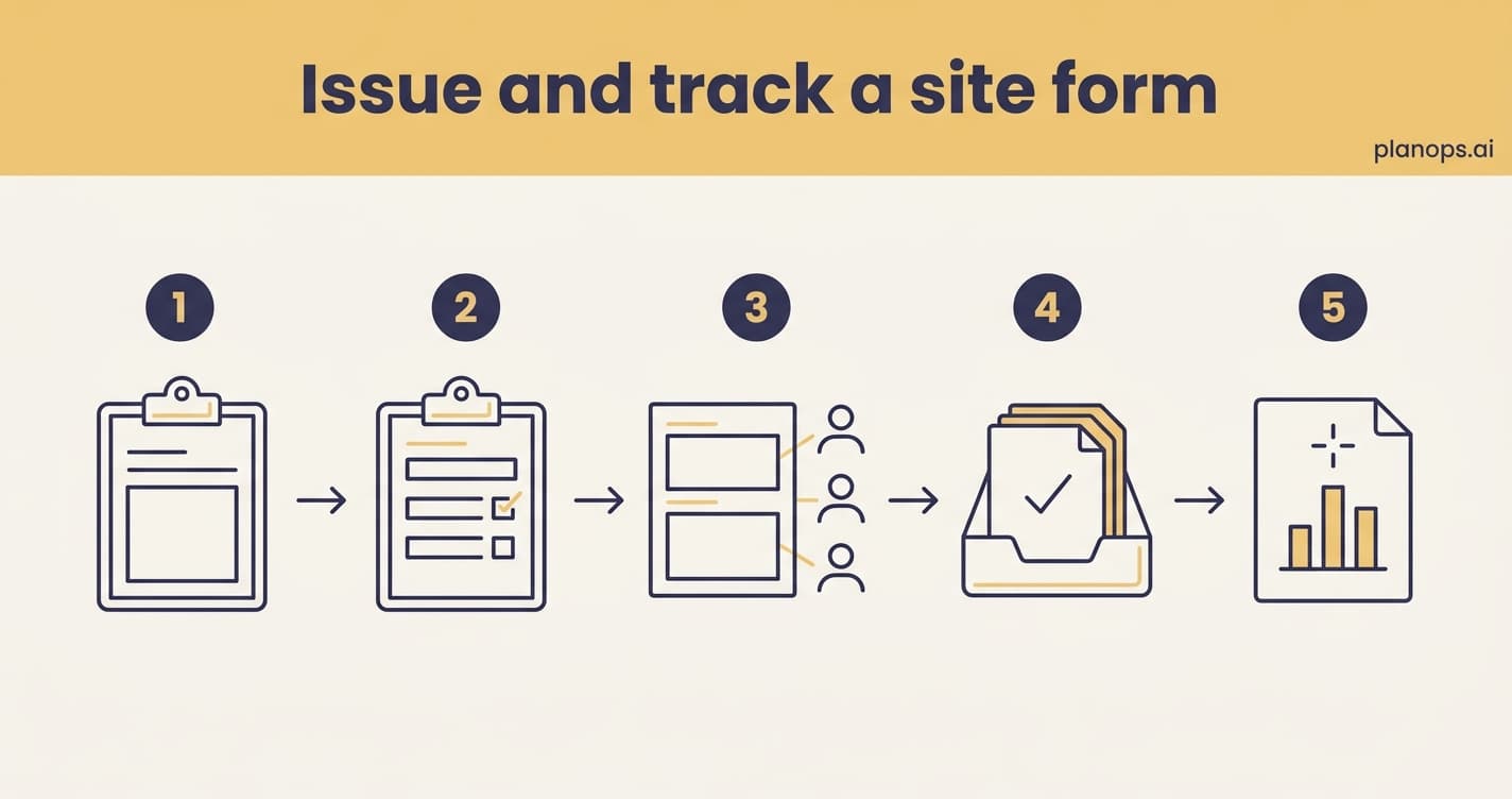 A gold workflow banner above five steps, from building a form template to an AI-generated project report.