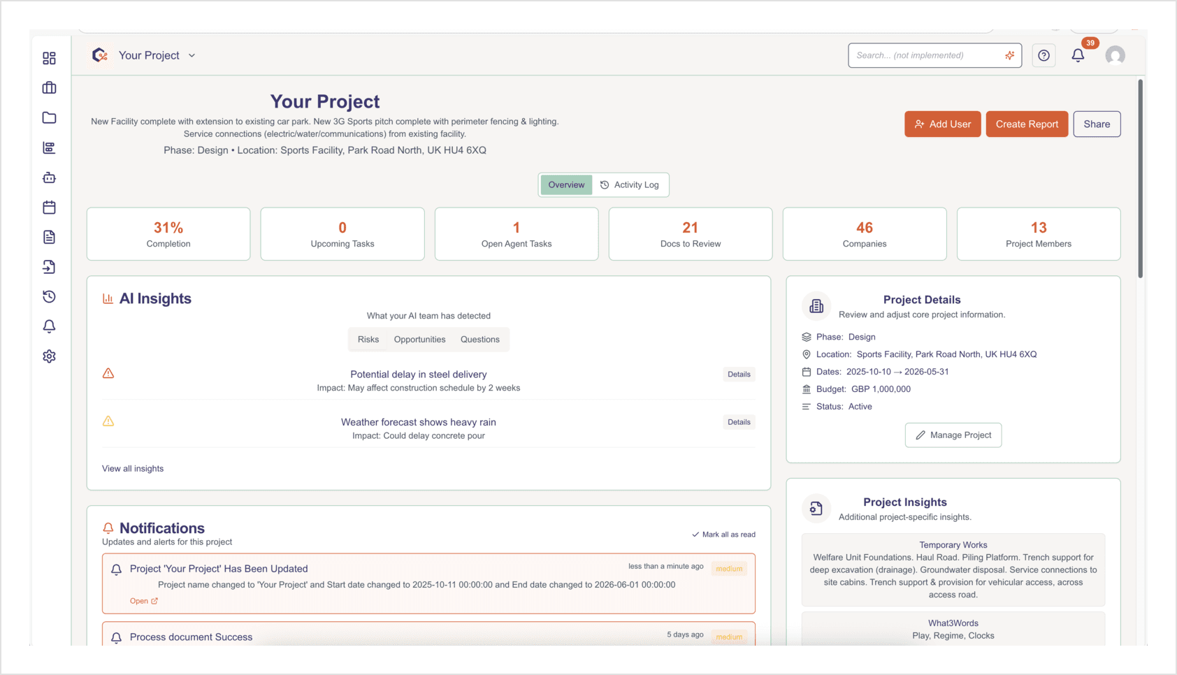 PlanOps Dashboard - Project management interface showing tasks, documents, and AI insights