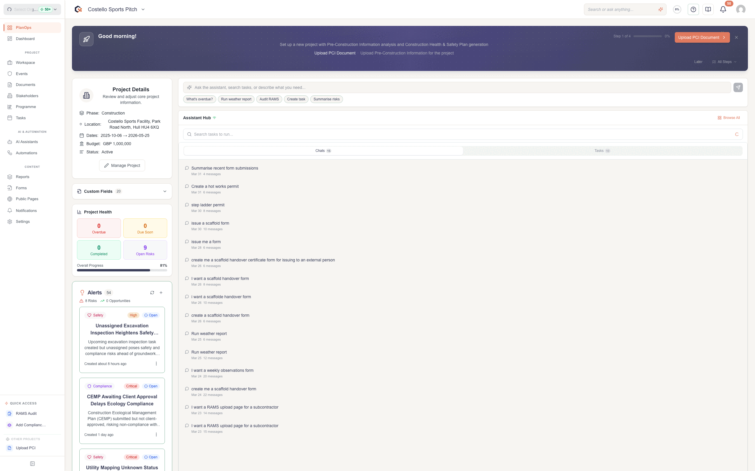 PlanOps Dashboard - Project management interface showing tasks, documents, and AI insights